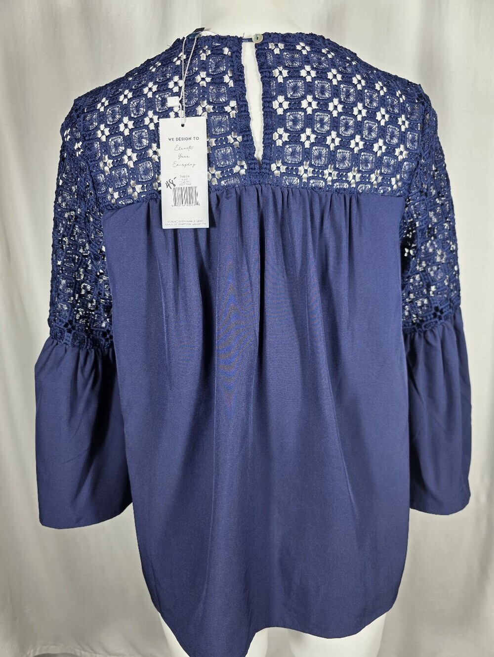 NWT Boutique Navy Blue Crochet Lace Bell Sleeve Blouse | Size L Boho Cottagecore - Picture 7 of 12
